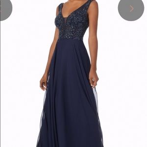 Morilee navy beaded top/chiffon bottom